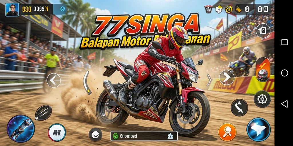 Tampilan gameplay intens dari 77SINGA dengan motor balap yang cepat.