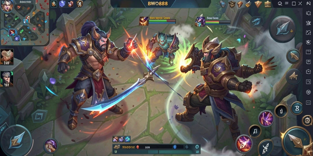 Tangkapan layar gameplay BWO888 yang menunjukkan pertarungan seru di arena MOBA.