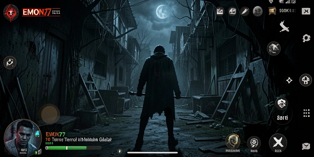 Tangkapan layar gameplay EMON77 dengan suasana Horror yang mencekam.