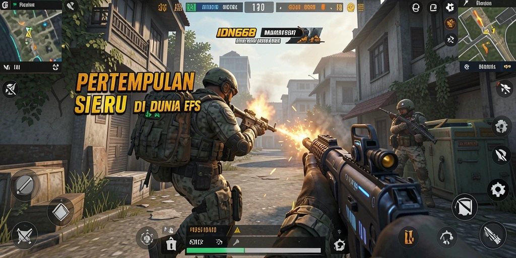 Tampilan menegangkan pertempuran di IDN668 dengan gameplay FPS yang intens.