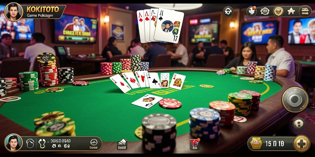 Tampilan gameplay Poker KOKITOTO dengan suasana kasino yang menegangkan.