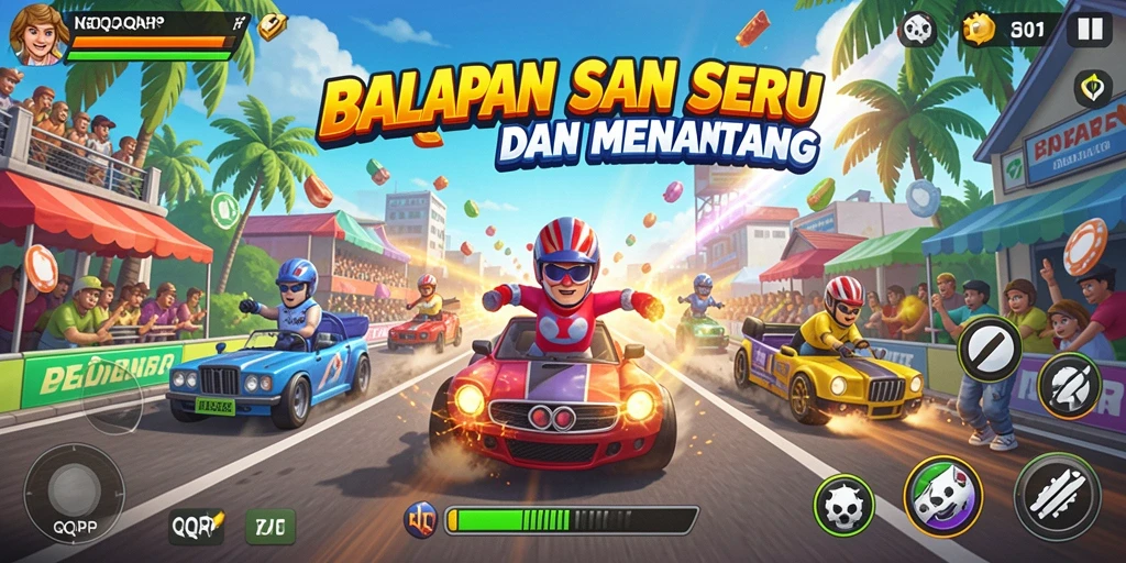 Tampilan menegangkan dari gameplay QQRP saat balapan di lintasan.
