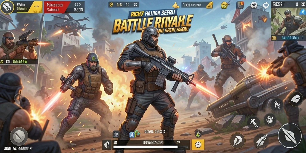 Screenshot utama RICH7 menampilkan aksi pertempuran yang intens dan seru.